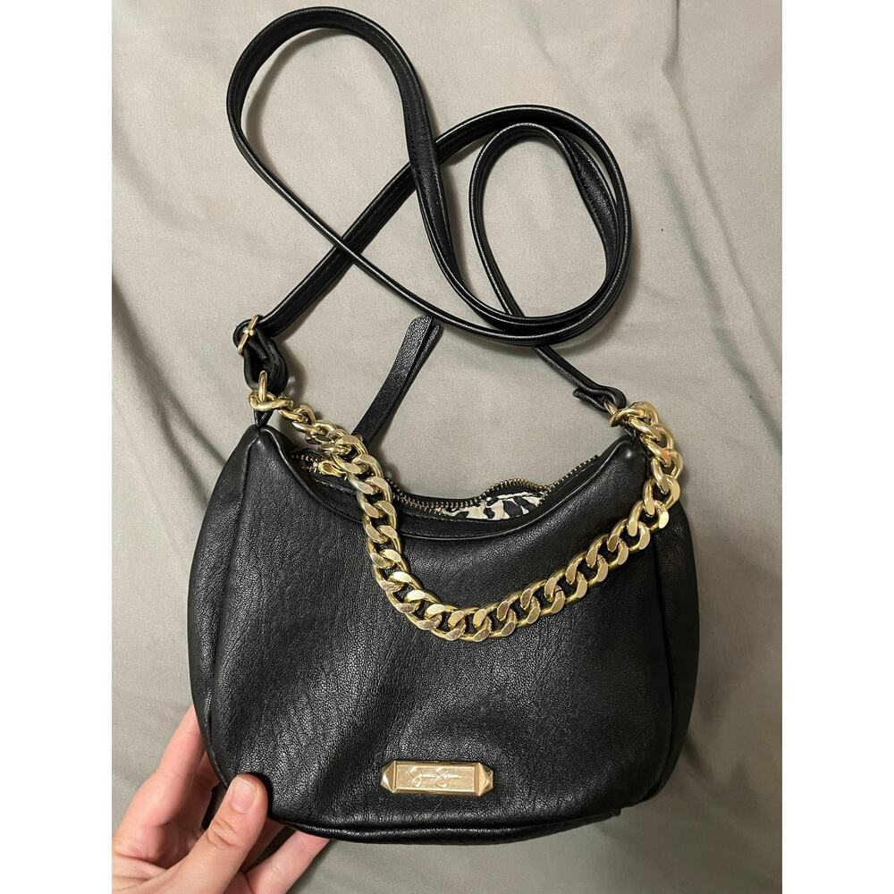 Jessica Simpson black faux leather crossbody purse with gold chain hardware
